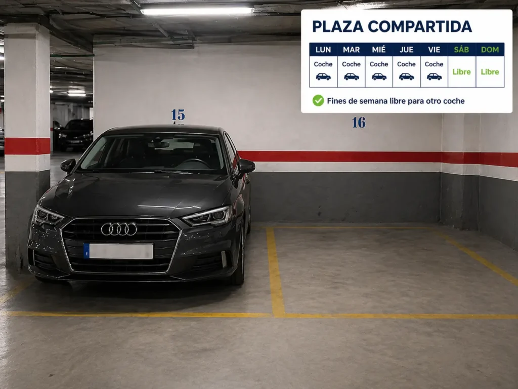 Plaza de garaje con un coche y un calendario encima representando el alquiler por horarios
