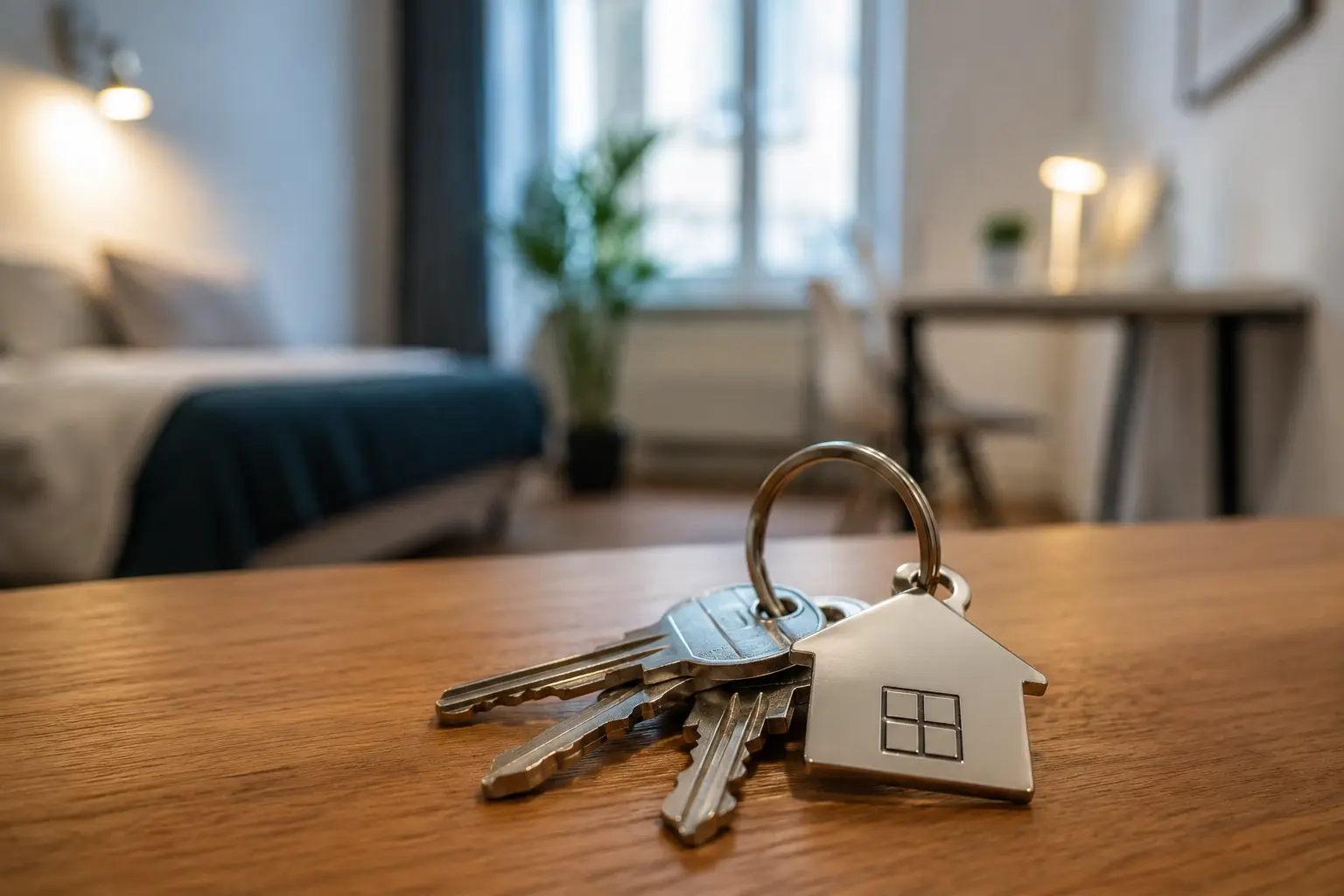 Llaves de una vivienda de alquiler sobre una mesa de madera con una habitación al fondo