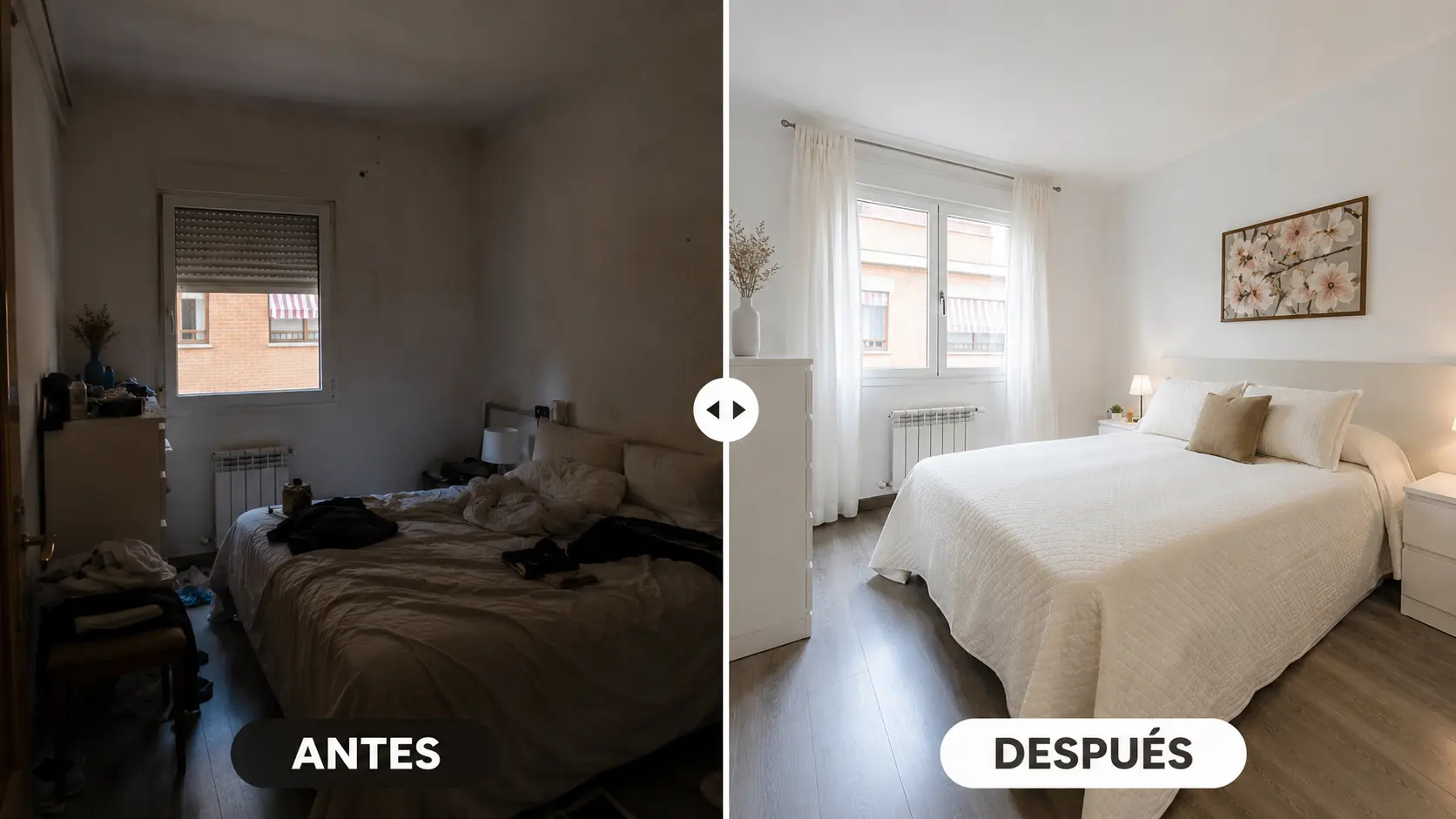Comparativa habitación ordenada vs desordenada para anuncio de alquiler