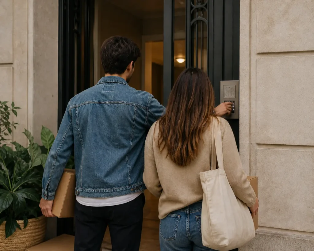 Jóvenes entrando a su nuevo piso de alquiler en España