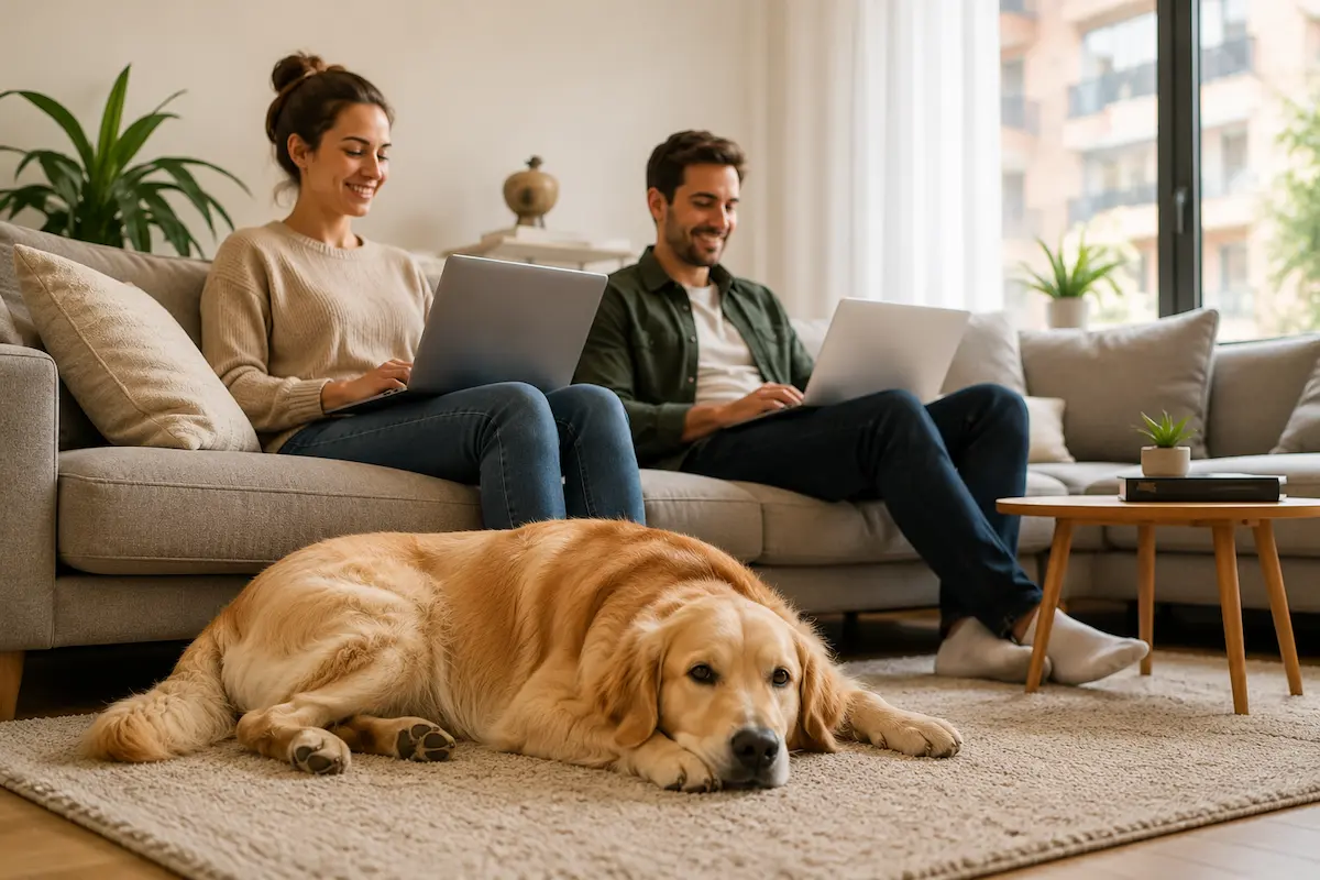 Pareja trabajando desde casa junto a su perro en un piso de alquiler que admite mascotas