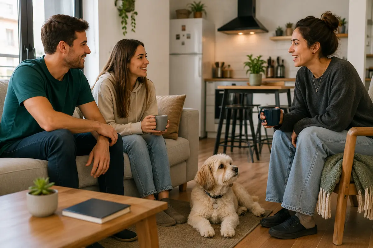 Propietario revisando pequeños desperfectos causados por una mascota en un piso de alquiler